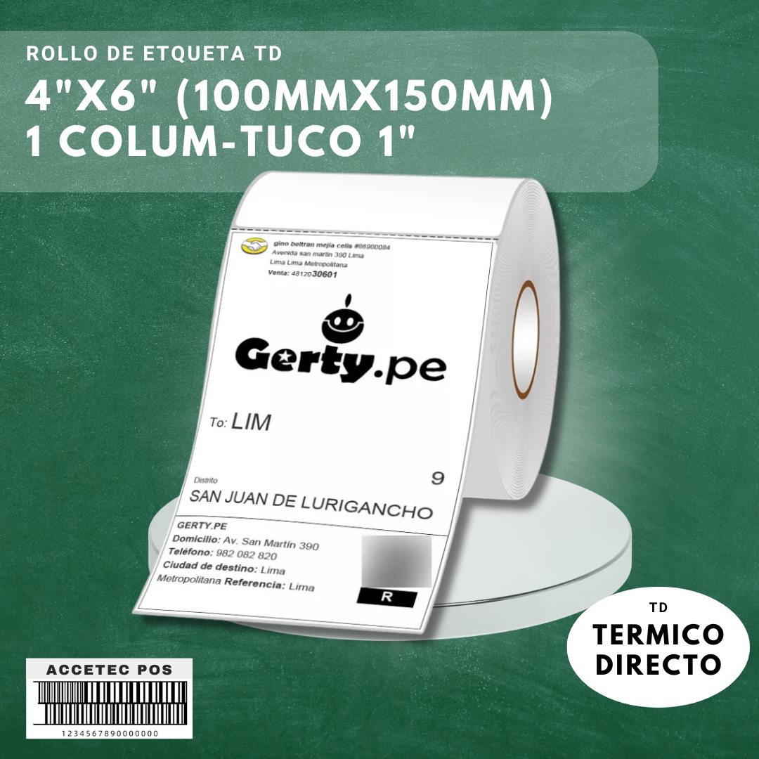 ROLLO DE ETIQUETA TERMICO DIRECTO 4" X 6"(100MM X 150MM) 1COLUMNA ,250ETIQ T1