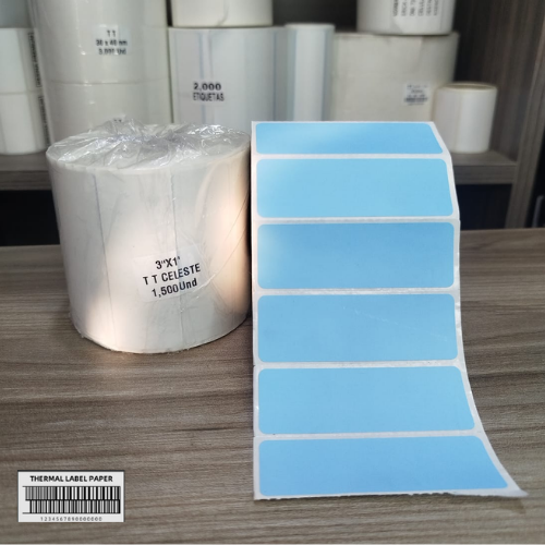 ROLLO DE ETIQUETA TT 3" X 1"(7.5CM X 2.5CM) 1COLUMNAS ,1500 ETIQ FONDO CELESTE COMERCIAL