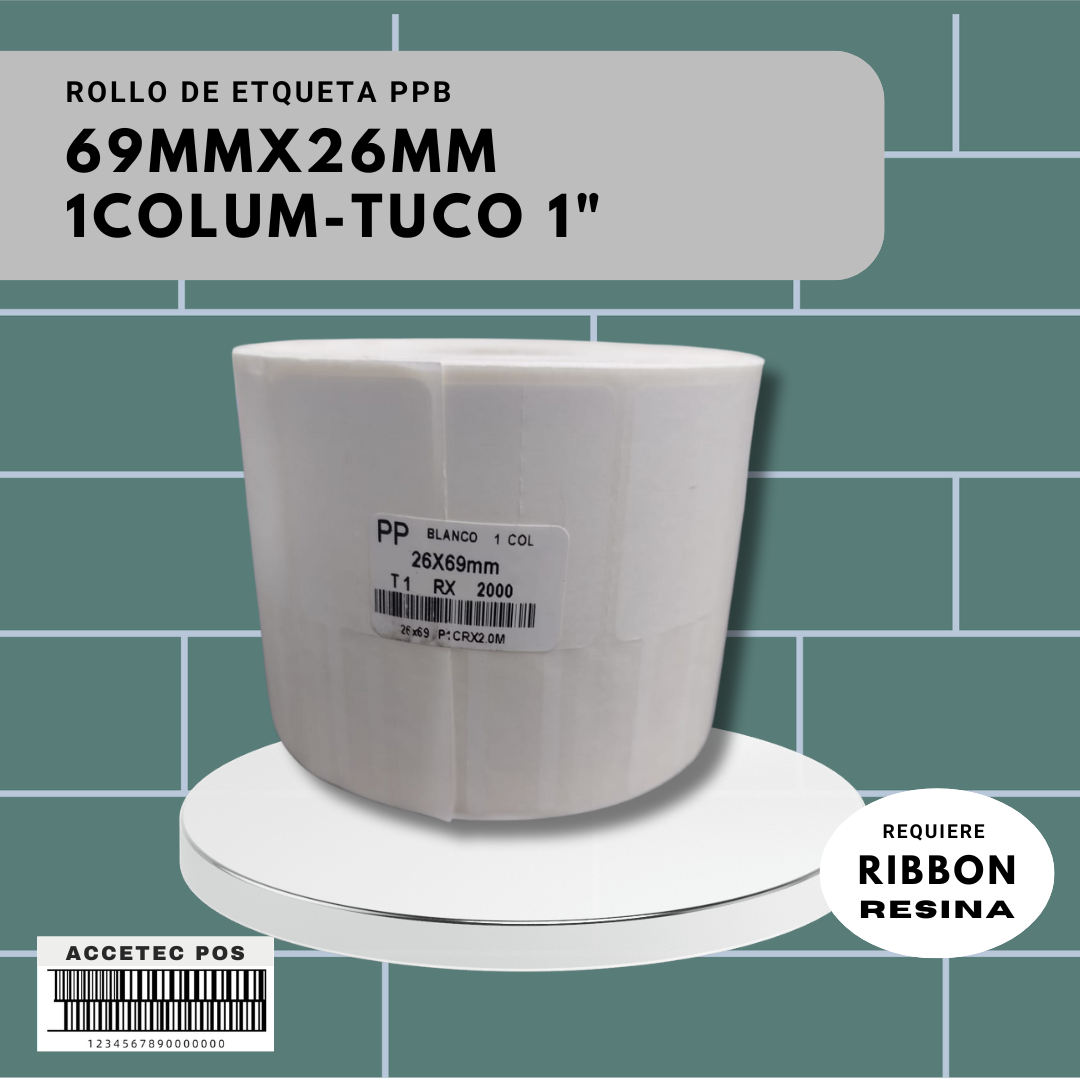 ROLLO DE ETIQUETA COLA DE RATA PPB 69MMx26MM, 1 COLUMNA, 2000 ETQ