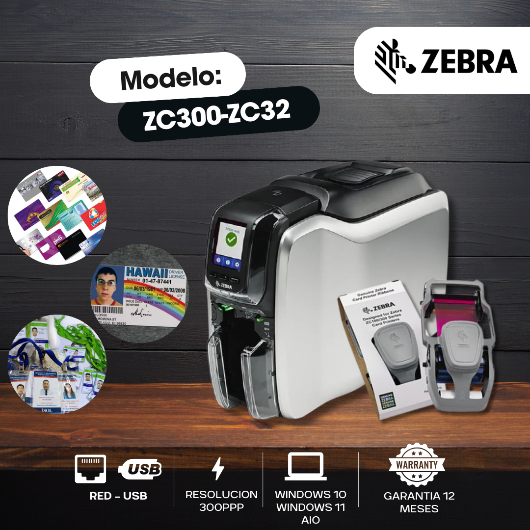 IMPRESORA DE FOTOCHEK ZEBRA ZC300-ZC32, IMPRESION DOBLE CARA -USB -RED