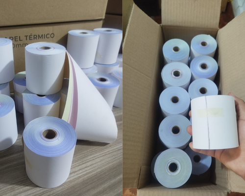 CAJA DE ROLLO DE PAPEL AUTOCOPIATIVO  1 ORIG + 2 COPIAS - 76X75MM  21 METROS - BLANCO + ROSADO + AMARILLO