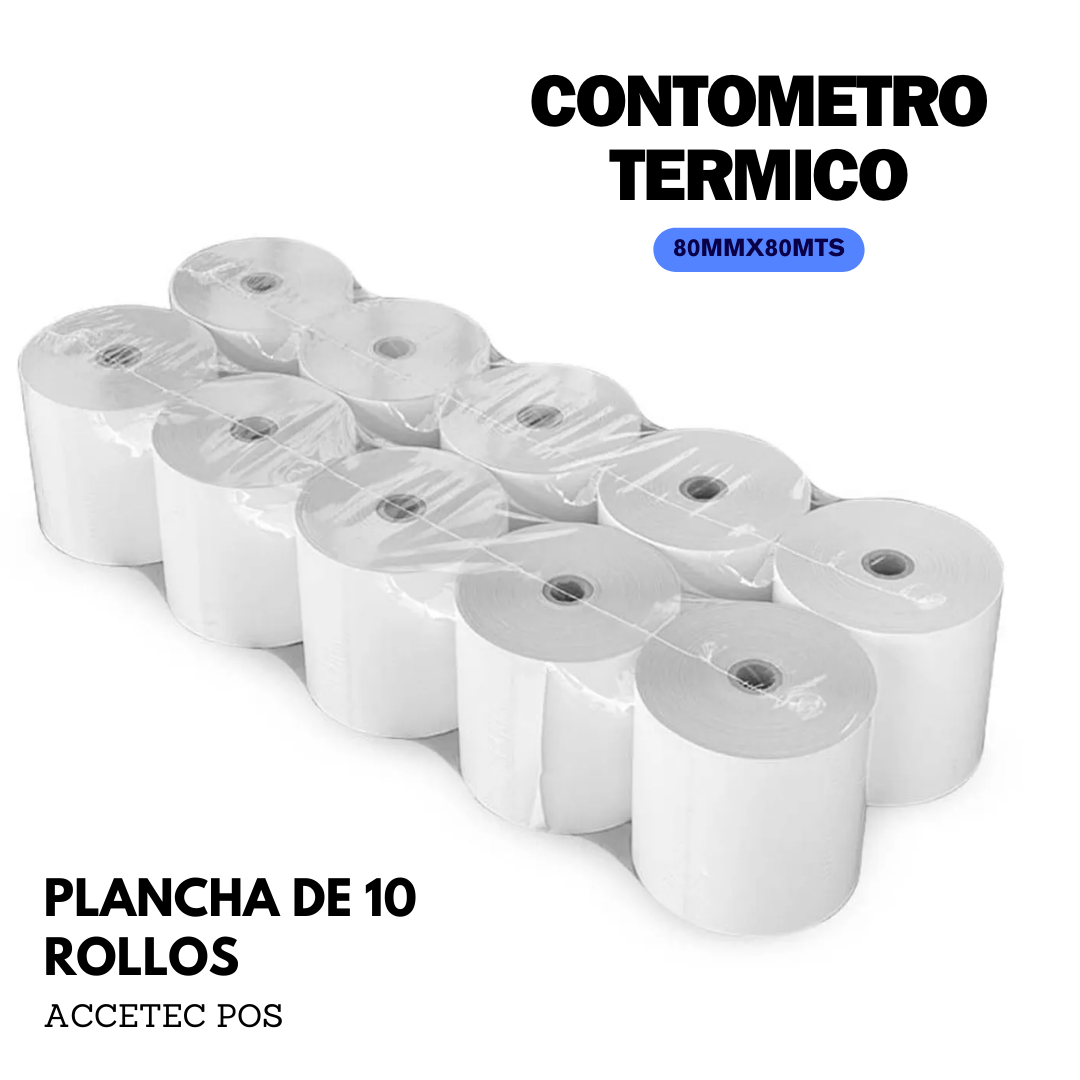 CONTOMETRO TERMICO 80MM X 80MTS 55 GR PLANCHA DE 10 ROLLOS